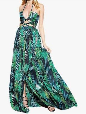 SHEIN Green Tropical Leaf Cutout Halter Maxi Dress